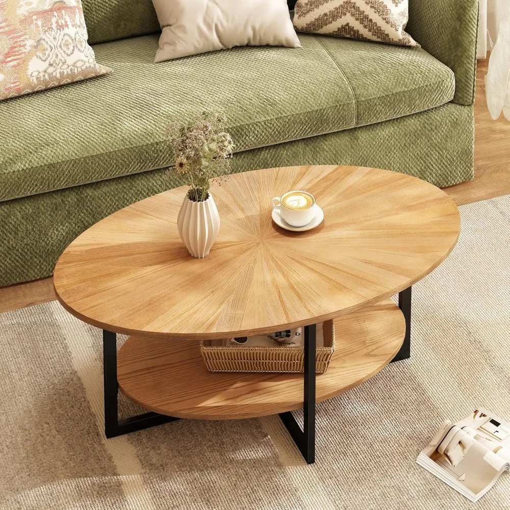 

Solid Wood Oval Coffee Table with Cross Metal Legs, 43.3in Modern Industrail Center Table with Open Shelf Cocktail Tea Table for