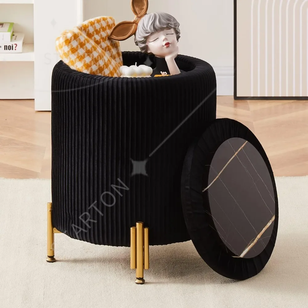 Round Velvet Ottoman with Storage & Metal Legs- Upholstered Footrest Stool
