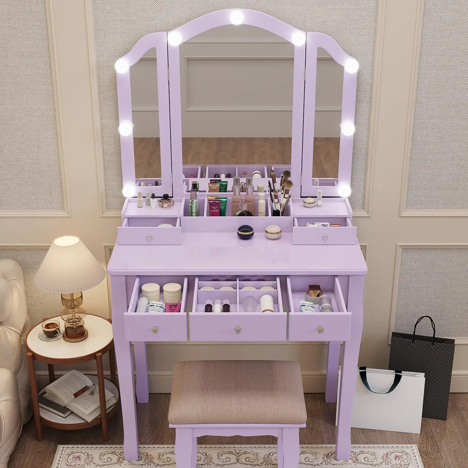 Purple Makeup Vanity Desk with Lights & Mirror & Chair for Teen Girls Bedroom, Customized
