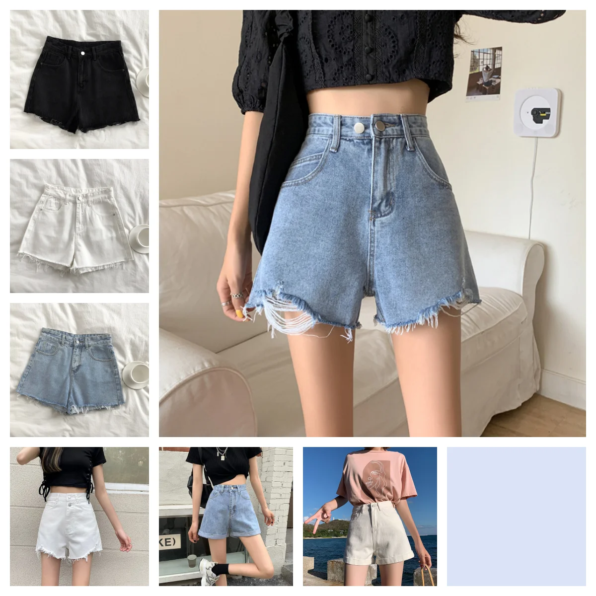 

Korean Denim Holes Shorts Women's Summer Ins Fur-Edged High Waist Slim Loose Wide Leg Casual Street Short 2025 New Trend
