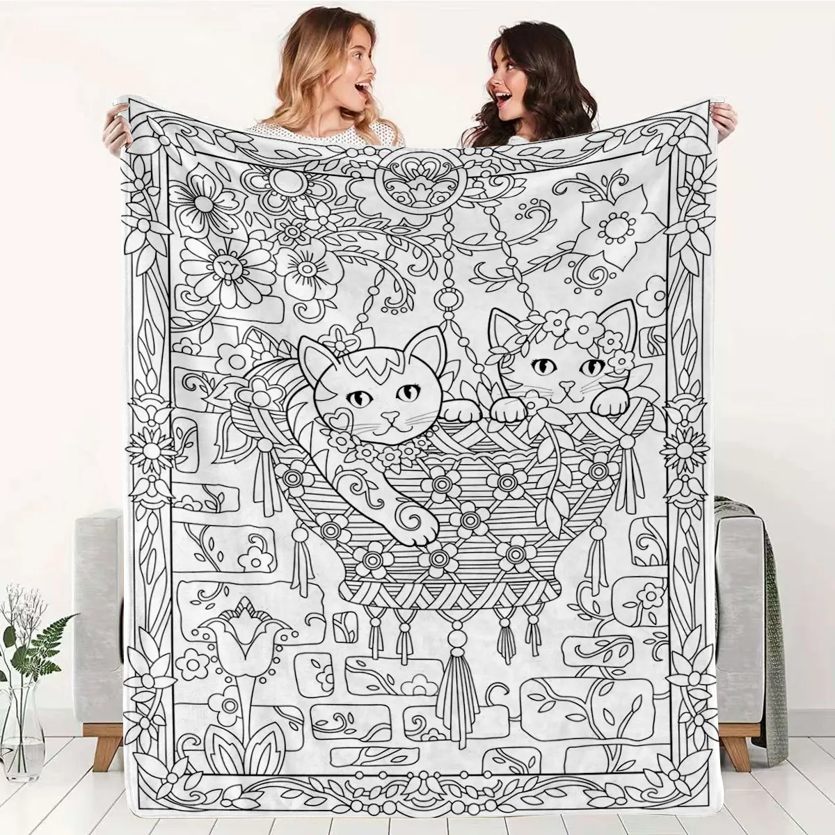 Mandala Line Art DIY Blanket Coloring Throw Flannel Blanket For Sofa Bed Home Decor Adult Painting Relax Gift