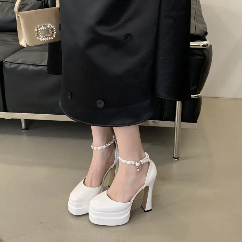 New 12cm Heel High Fashion Diamante One-Line Buckle Belt Platform Heels Chunky Heel Sandals Wedding Shoes Dinner Runway Shoes