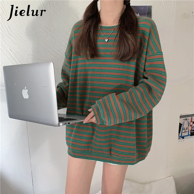 Jielur Winter Korean Style Pullover Spell Color Striped Hoodie Women Green Harajuku Sweatshirt Loose Casual Clothes Female M-XL