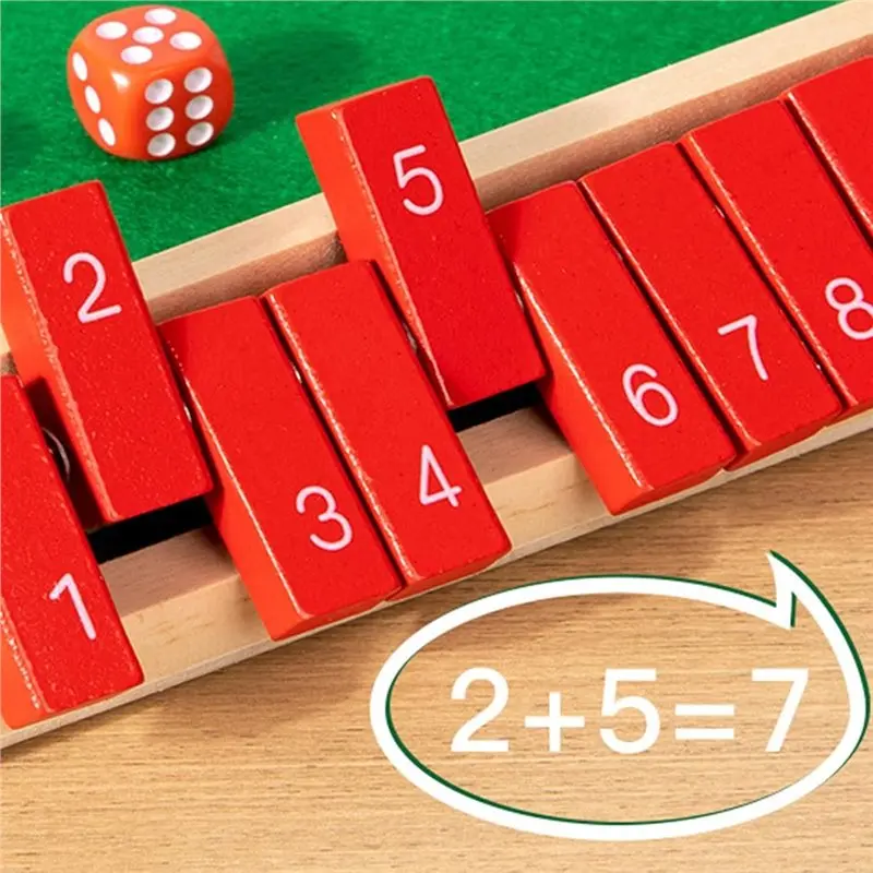 BEDW-Shut The Box Game With 12 Dices, Wooden Board Table For Home& For Part, For 2 To 8 Players, Family Math Game
