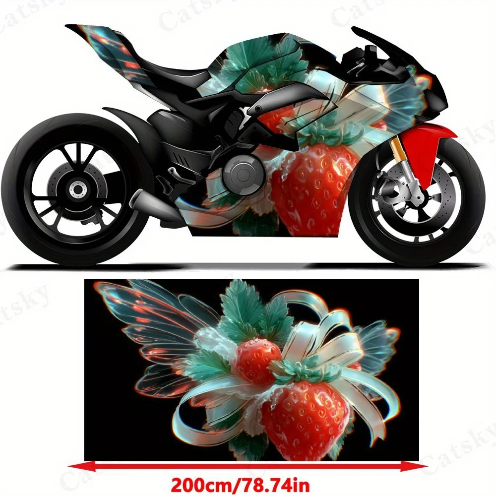 Dreamy Strawberry with Wings and Ribbon Motorcycle Film Stickers, Durable PVC Adhesive Decals for Motorcycle Customization, Weat