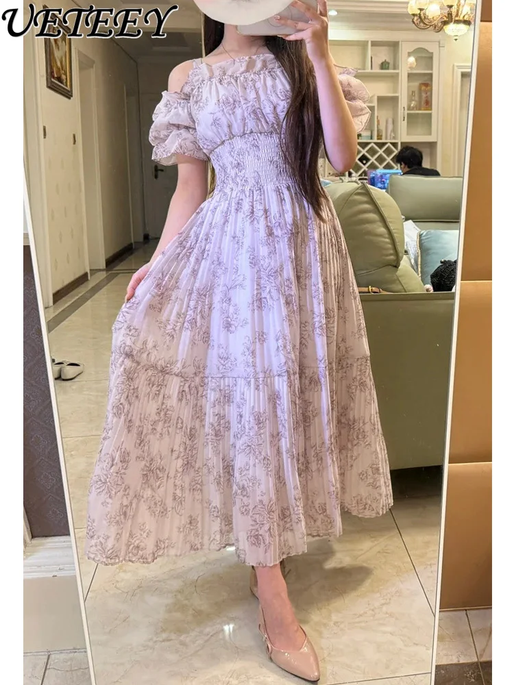 일본 달콤한 소녀 오프 숄더 프린트 서스펜더 드레스 하이 웨이스트 슬림 피팅 버블 반팔 플리츠 롱 드레스