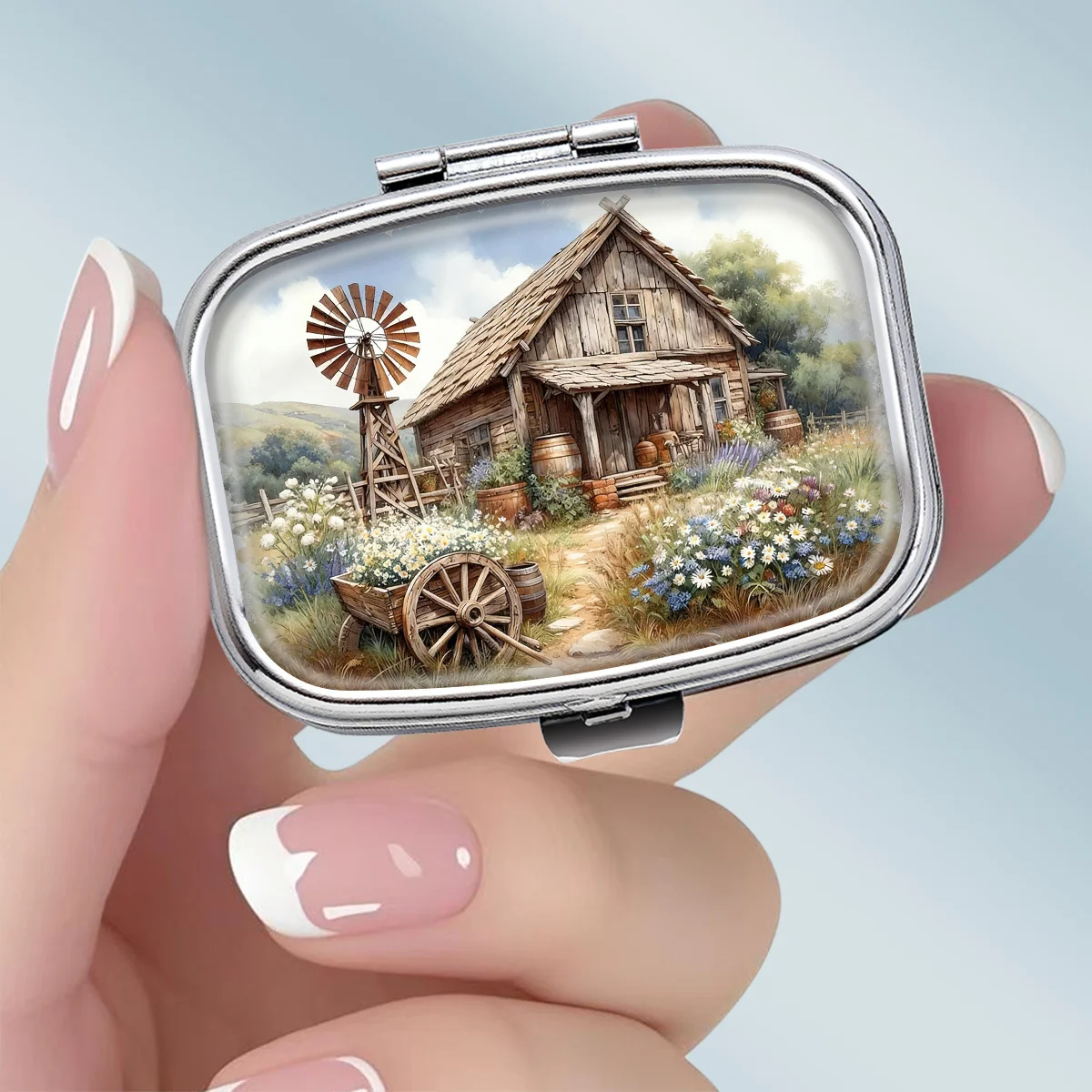 1Pc Rustic Vintage Style Farmhouse Pattern Square 2-Compartment Pill Box - Portable Medicine and Vitamin Storage Box, Suitable for Carrying or Travel, Unique Size Gift, Wallet Pill Box