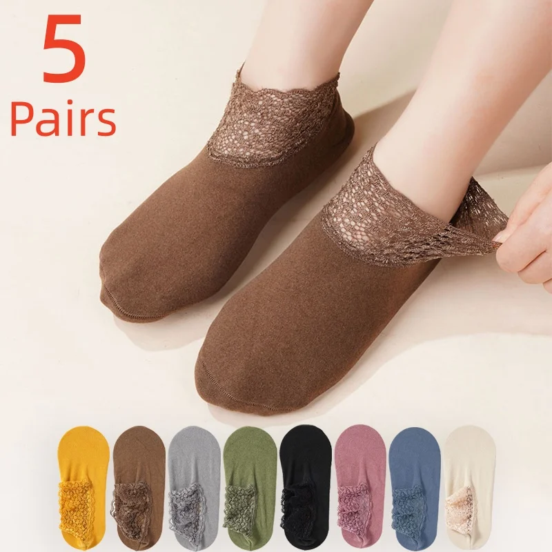 5 Pairs Autumn-Winter Dralon Short Socks Women's Home Floor Socks Anti-Slip Invisible Socks Thermal Snow Socks Sleeping Socks