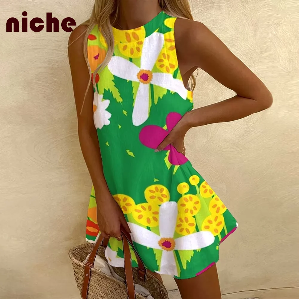 

Ladies Sleeveless Dress Green Fresh Leaves Flower Graphic Printing Cotton And Linen High Quality Fabric Waist New Beach Skirt