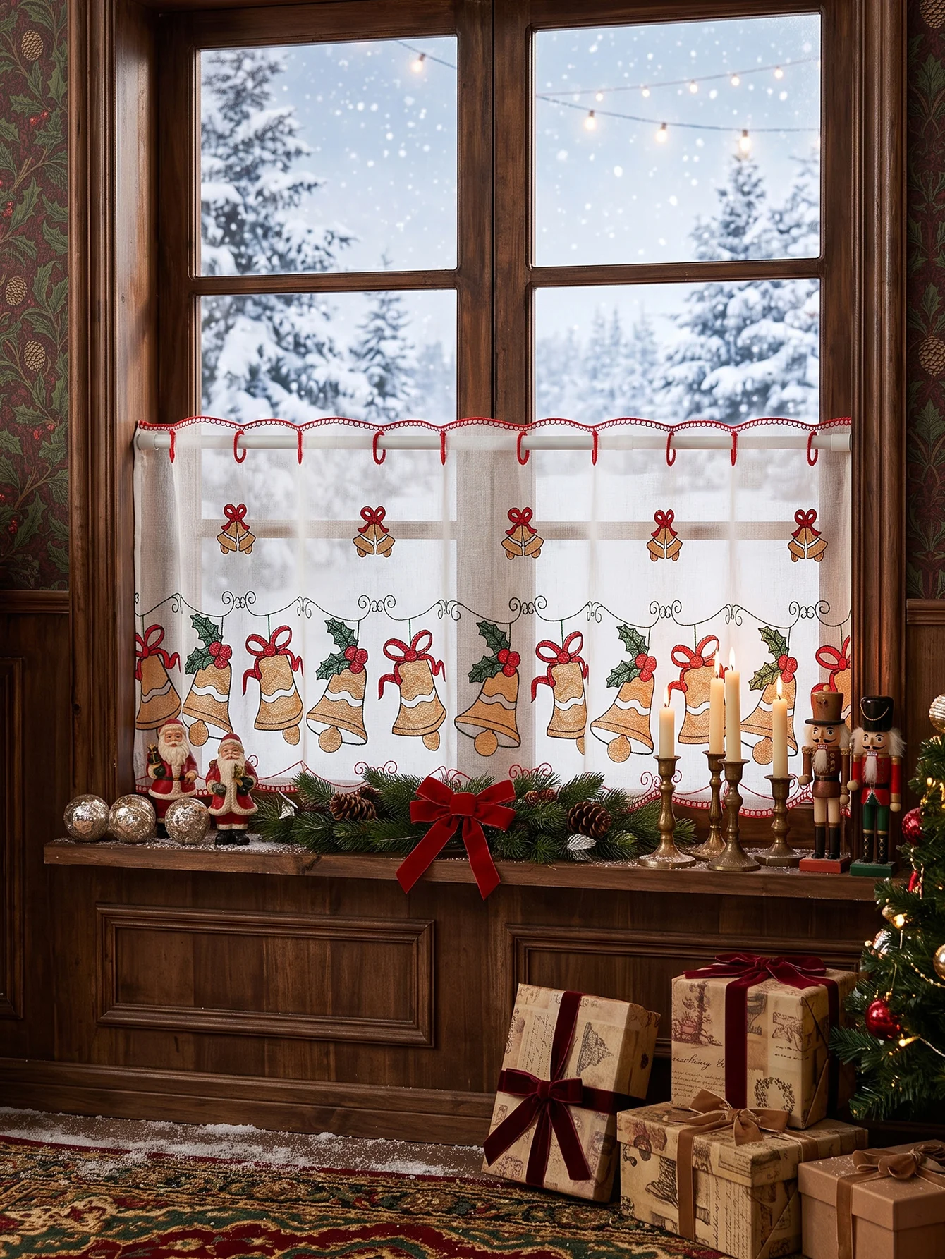 Christmas Embroidered Tier Curtain, Bell Holly Embroidery Semi Sheer Window Valance for Kitchen Cafe Holiday Home Decor