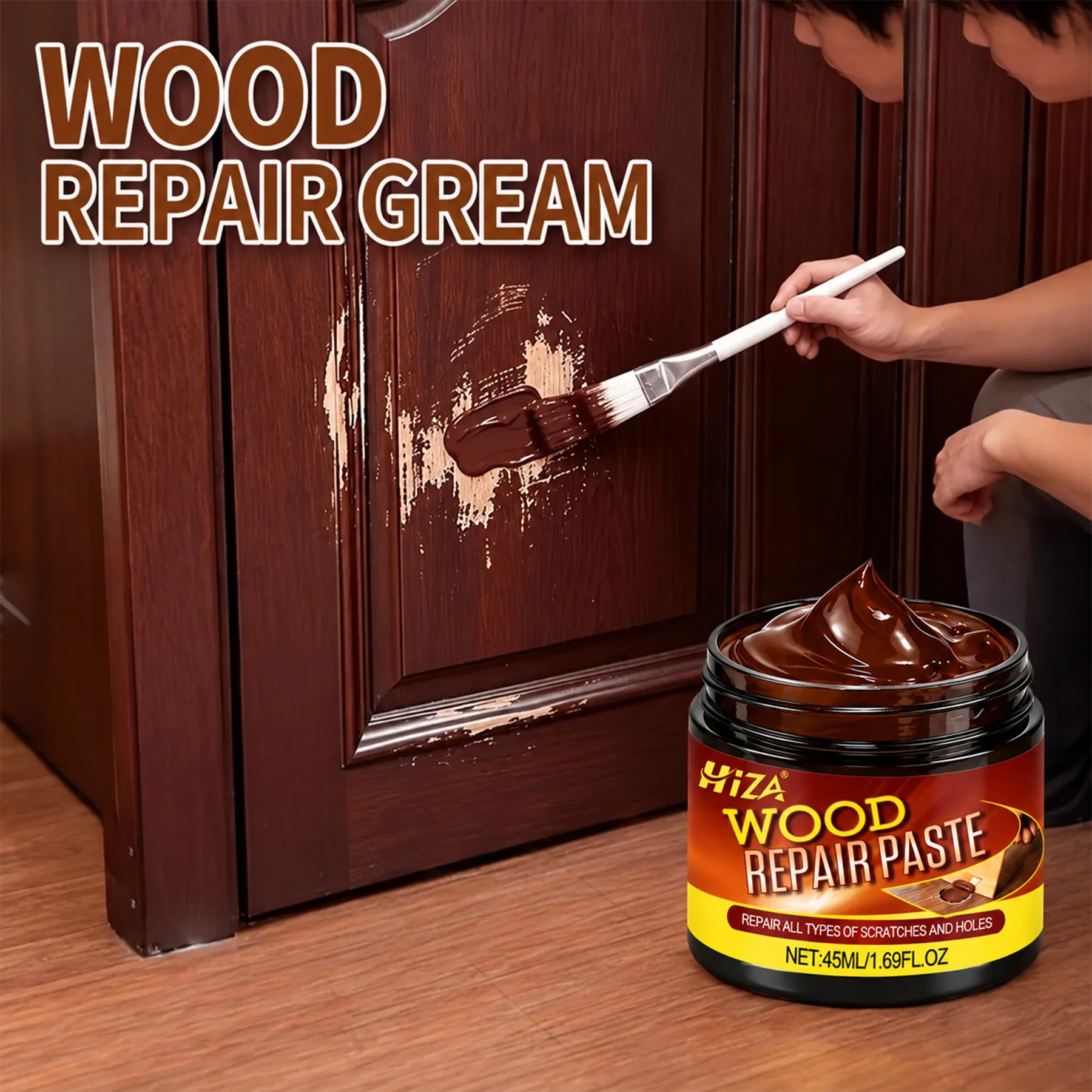Brown Wood Repair Kit, 1 Box + 2 Tools, Quick Color, Fix Scratches, Cracks, Dents, Holes, Furniture, Floor, Door, Home Essential