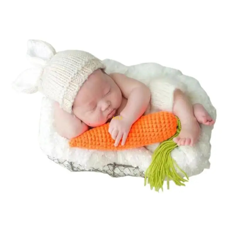 Newborn Photo Costume Knitting Rabbit Hat & Baby Shorts Carrot Toy Photo Clothes Photo Props Bunny Costume Set