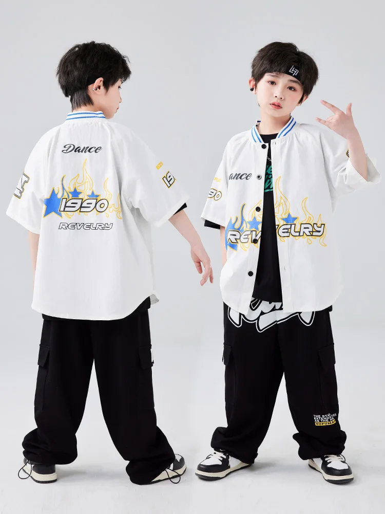 Kids Hip Hop Clothing Boys White Coat Black Pants Loose Short Sleeves Girls Modern Dance Performance Costume Casual Wear BL10722