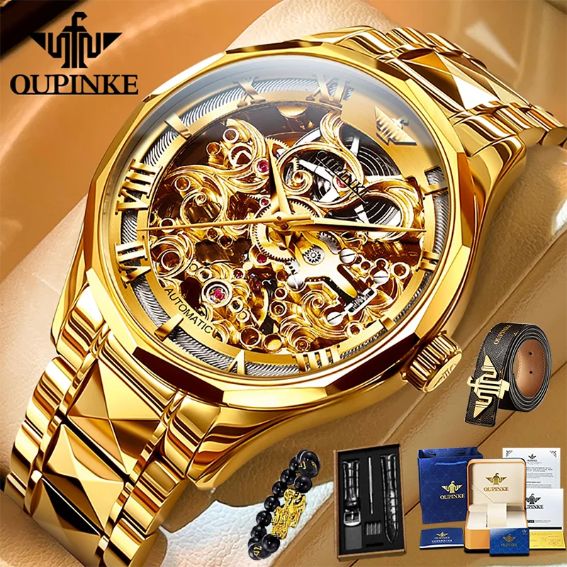 OUPINKE 3168 Luxury Men Watch Swiss Brand Waterproof Skeleton Automatic Mechanical Watch Business Men Gold Tungsten Steel Watch