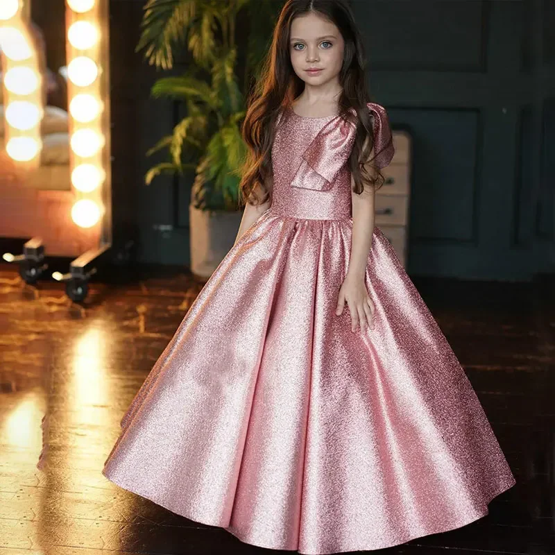 

Baby Girls Formal Banquet Gown Little Girls School Graduation Ceremony Dress Junior Pink Princess Party Glitter Dresses Bow