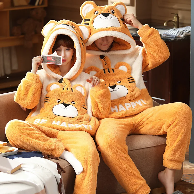 Winter Couples Pajama Sets Women Men Pyjamas Hoodies Sleepwear Thicken Soft Warm Cartoon Cat Lovely Lovers Pijamas Suit