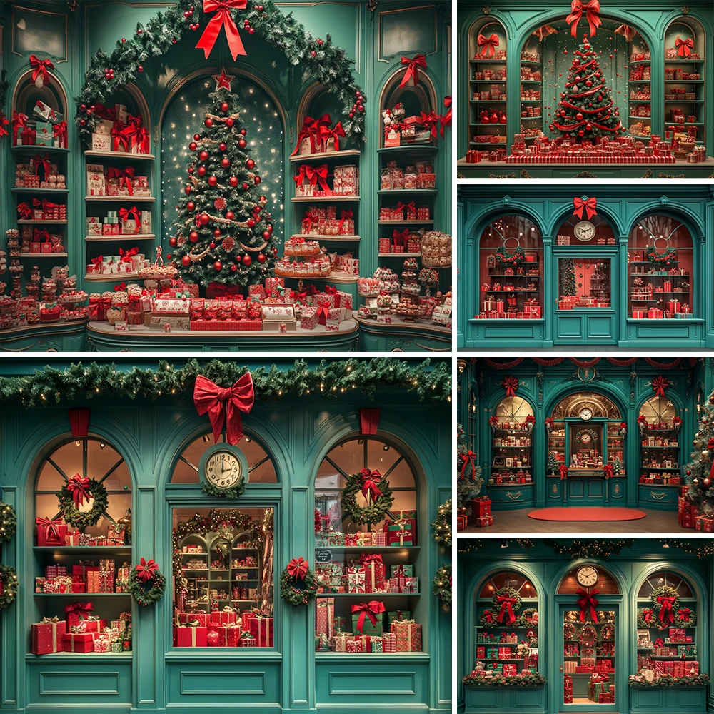 

Green Christmas Store Backgrounds Family Adult Kids Portrait Photography Backdrops Winter Party Decors Banner Photocall