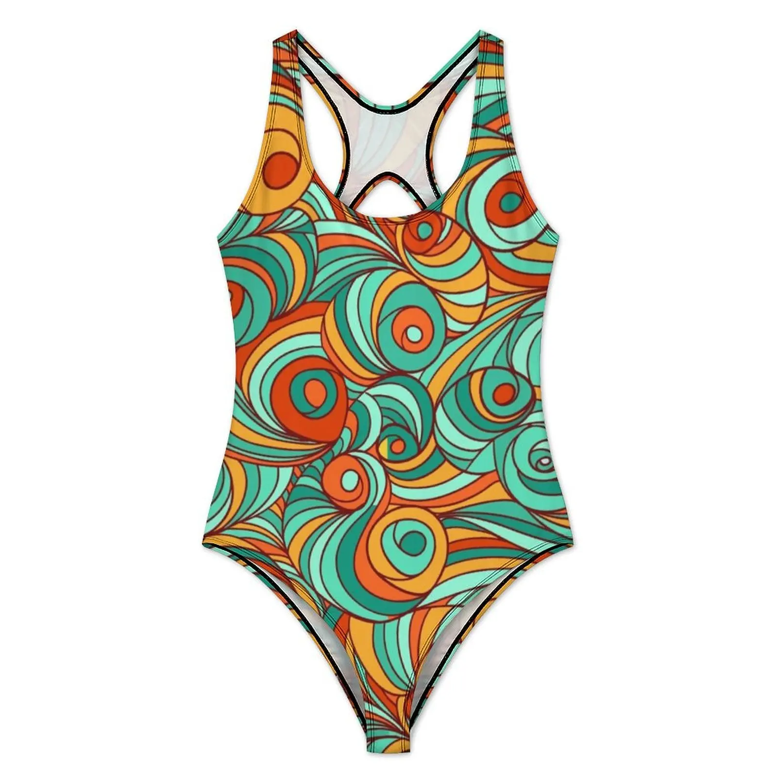 Swirling Retro 70S Swimsuit Sexy Abstract Lines Print One Piece Swimwear Push Up Swimsuits Fashion Holiday Surf Beachwear