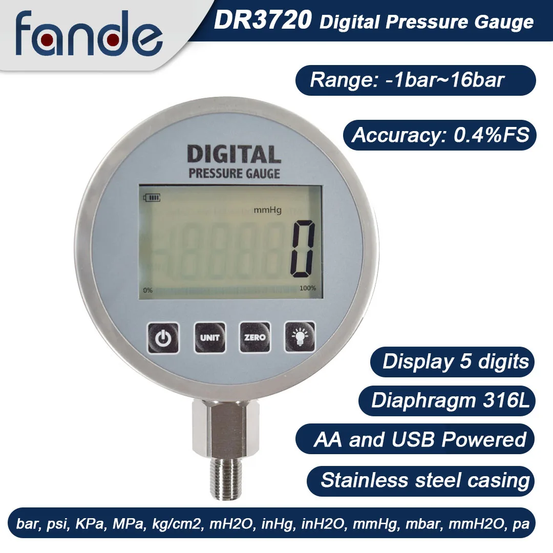 FANDESENSOR Negative Pressure Gauge mmHg Accuracy 0.4%FS Resolution -99999~99999 Diameter 105mm For Compressor Pump