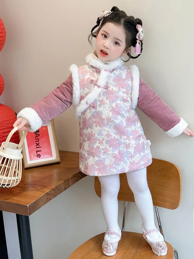 

Thiened Long Sve Plu Stand Collar Girls Dr Autumn Winter New Sle Chinese Sle Long Pants Flag Dr Costume