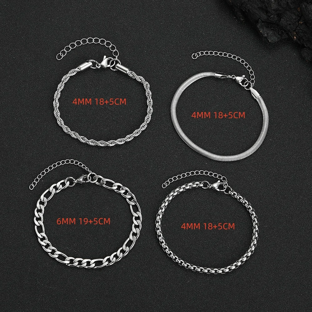 4PCS Stainless Steel Bracelets Set for Men & Women, Mixed Hip Hop Style, Fashion Party Jewelry, Ideal Christmas Gift