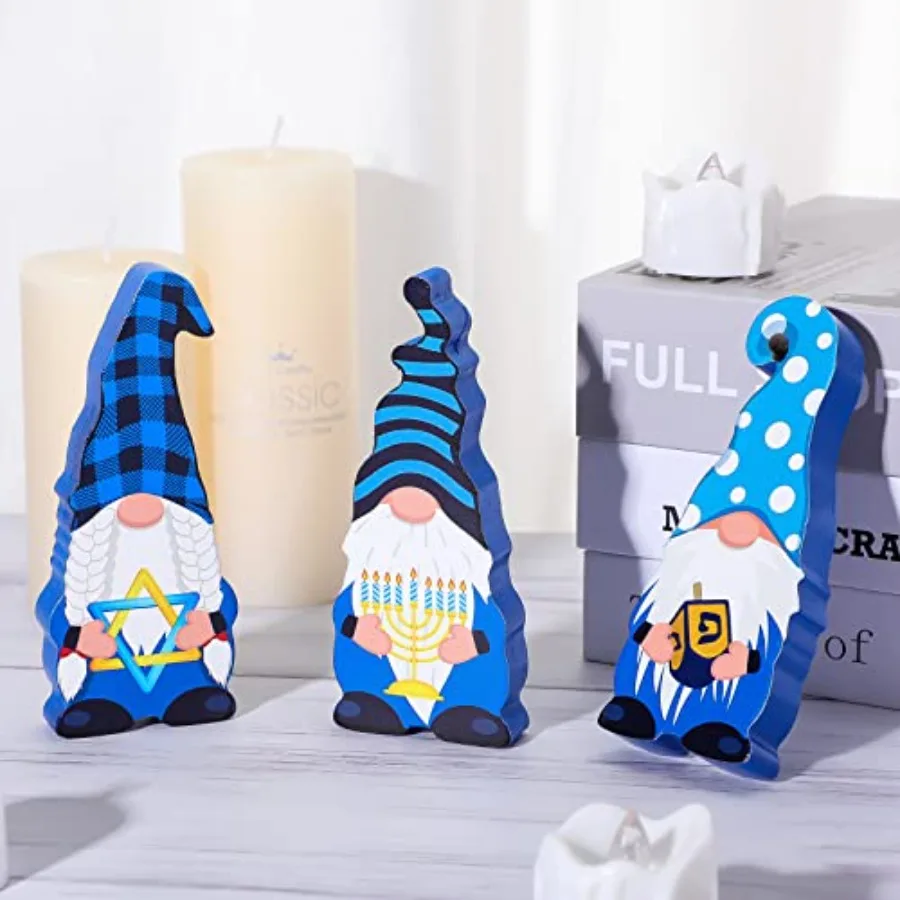 3 قطع هانوكا التماثيل كتل خشبية هانوكا الجدول زينة الشانوكا الجدول المركزية التماثيل الخشبية علامات لرف المكتب