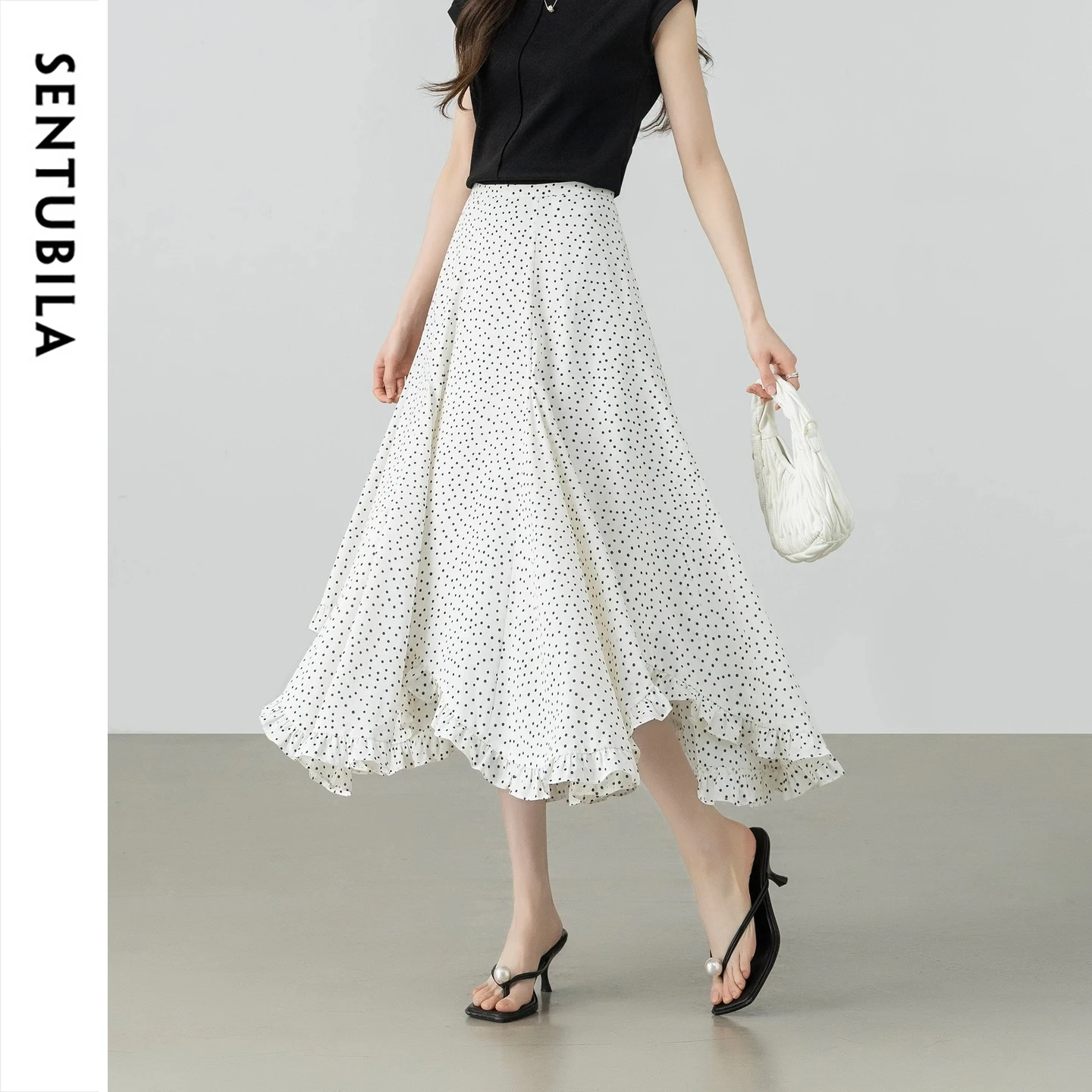 SENTUBILA Vintage Polka Dot Mermaid Skirt 2026 Summer French Elegant Asymmetric Ruffle Hem Midi Skirt Female Bottom 162QH7001