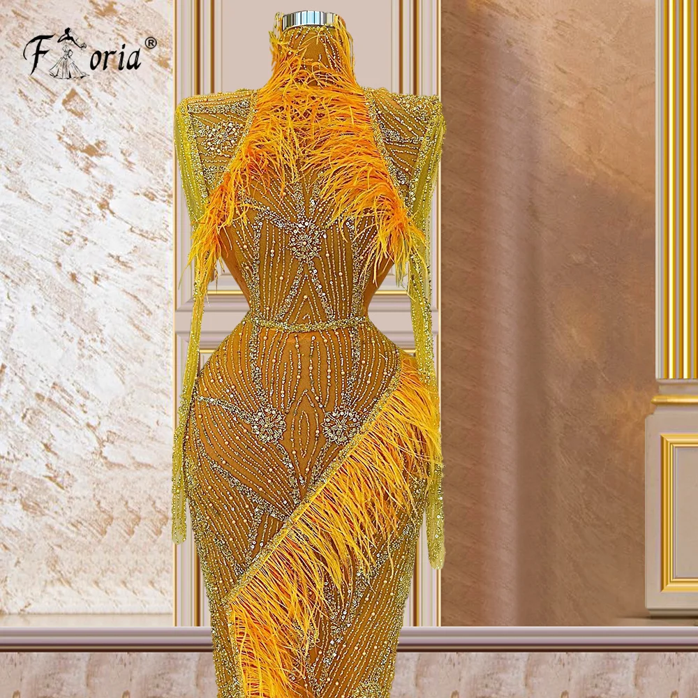 Feathers Orange Evening Dresses 2022 Luxury Arabic Dubai Mermaid Beads Women Evening Wear Celebrity Party Dress Long Prom Gown