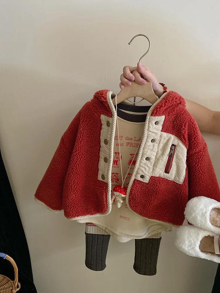 Girls Coat 2024 Autumn New Childrens Wear Korean Style Foreign Style Matching Color Lamb Wool Hooded Coat Casual Simple Daily image 3