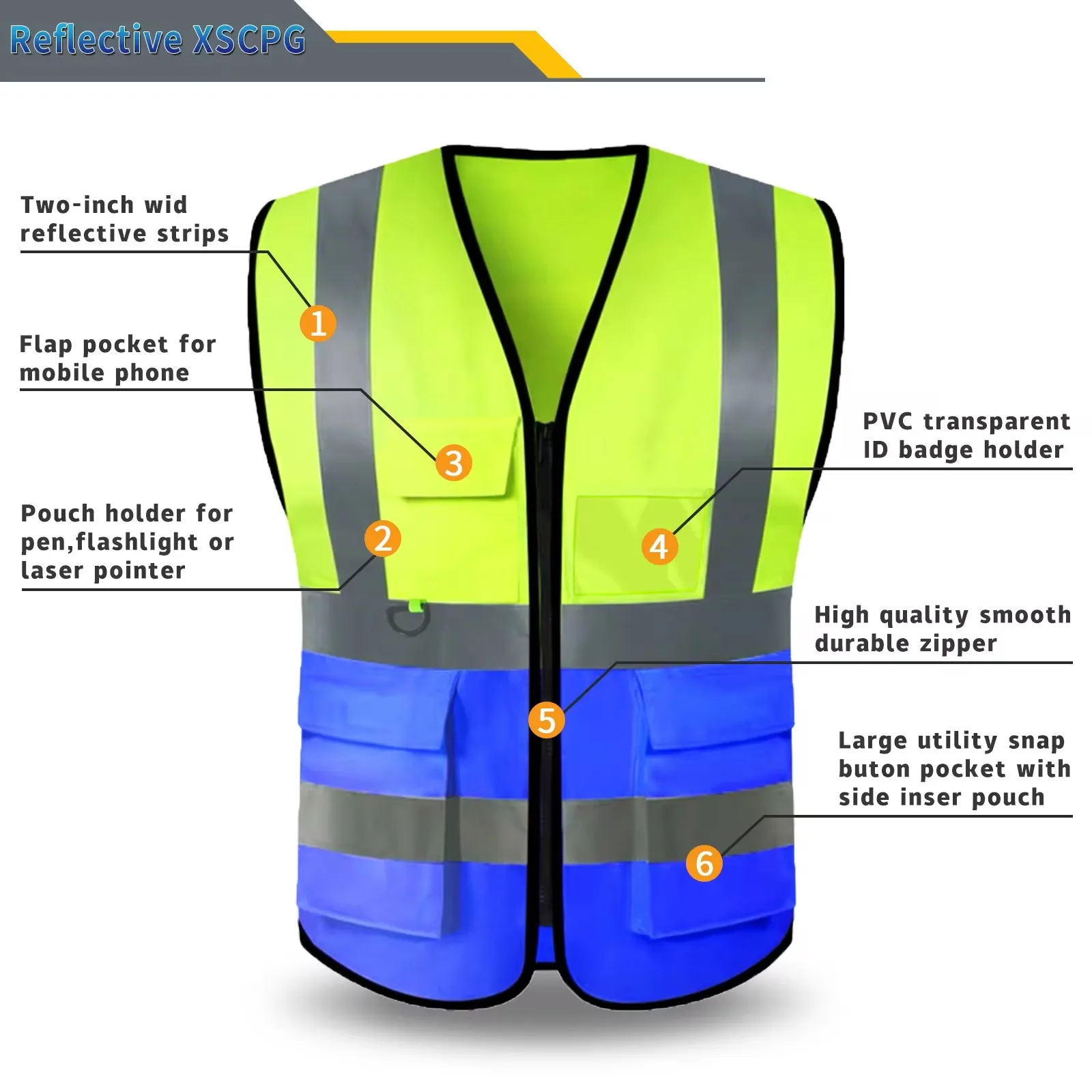 Orange Blue Reflective Safety Vest for Men Women High Visibility Security Jacket with Zipper Hi Vis Vest Construction Work Wear