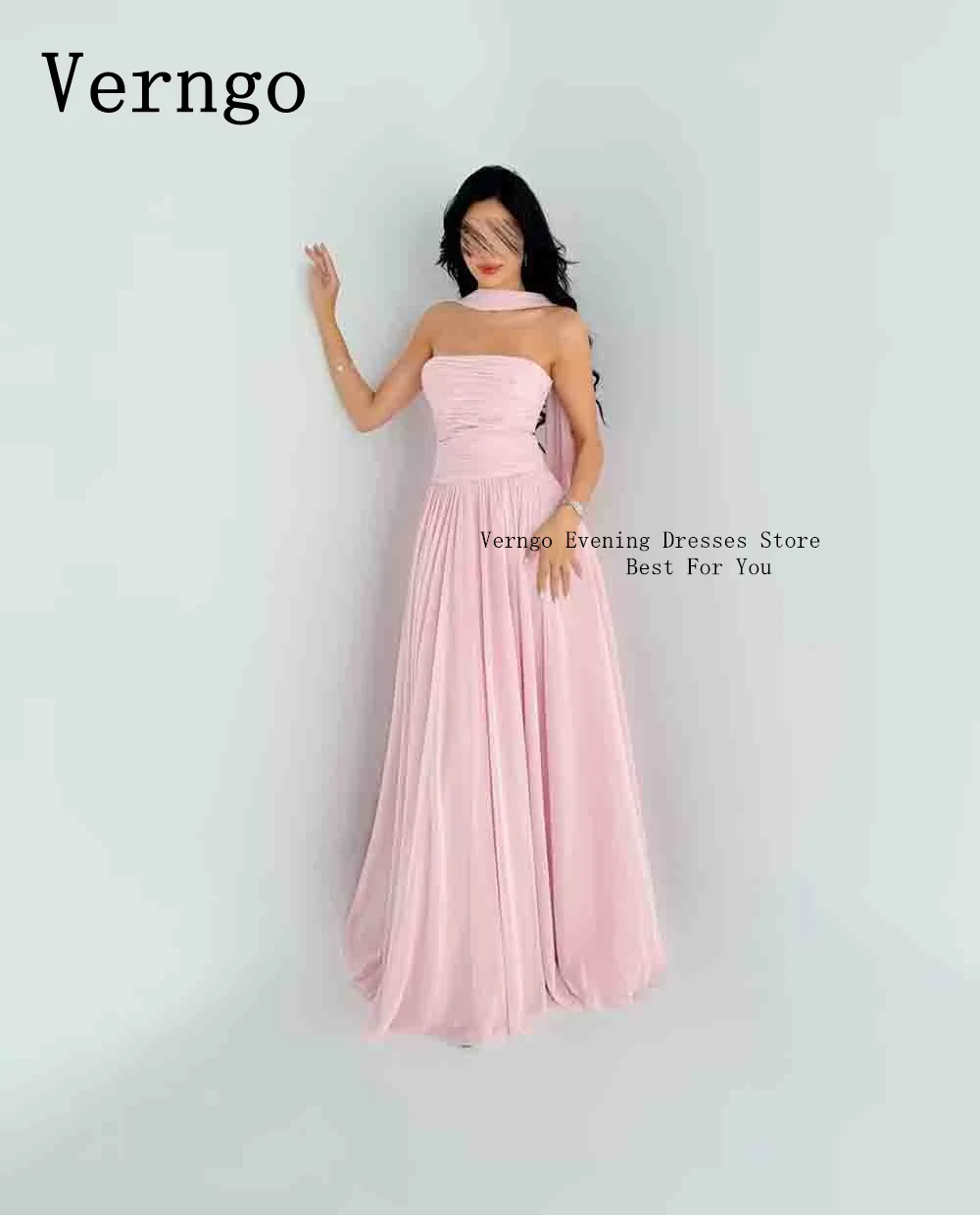 Verngo Blush Pink Chiffon Prom Gowns With Cape Strapless A Line Evening Dress For Women Simple Elegant Prom Party Dress