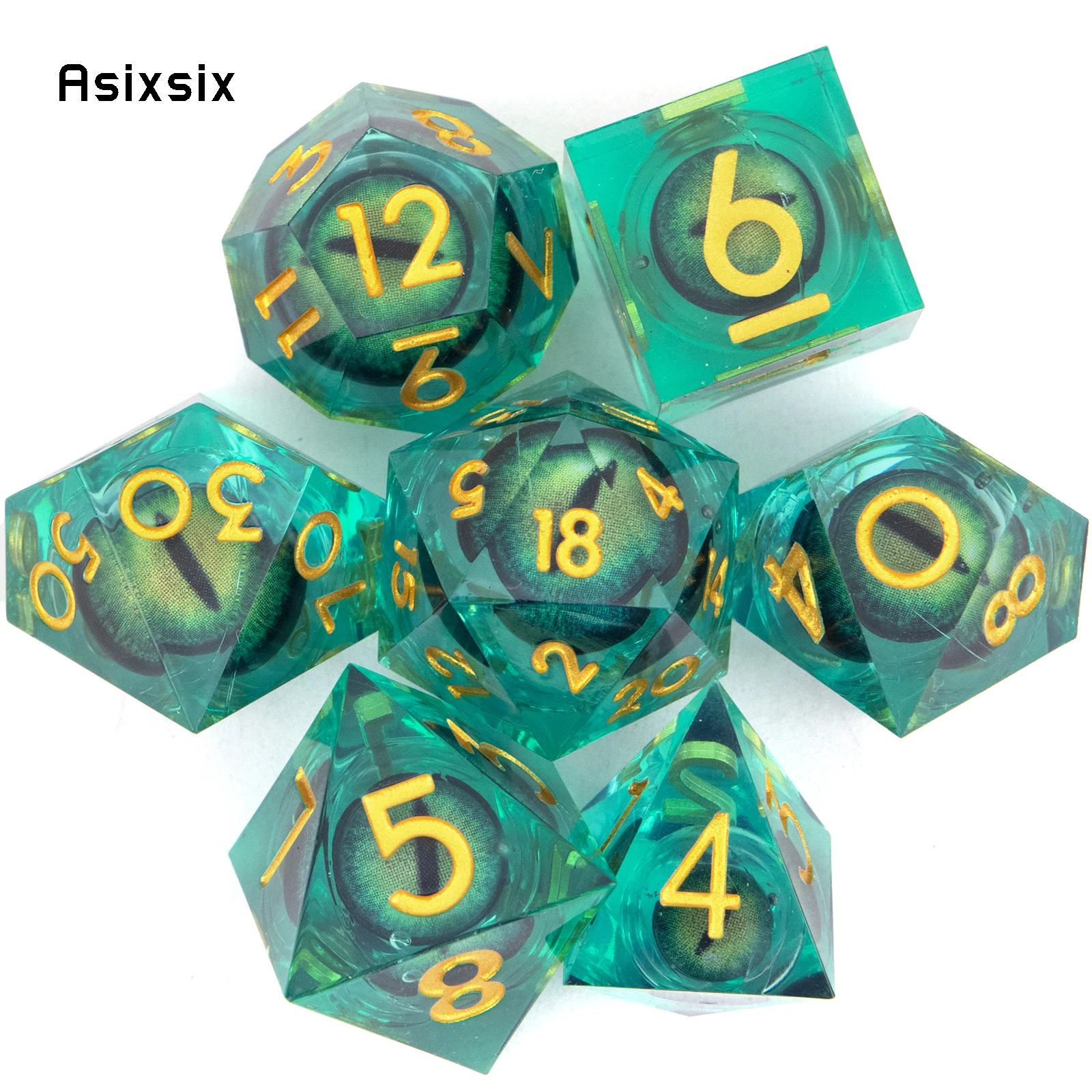 

7 Pcs Green Eyeball Golden Number Sharp Edge Resin Dice Polyhedral Dice Suitable for Role-Playing RPG Board Game