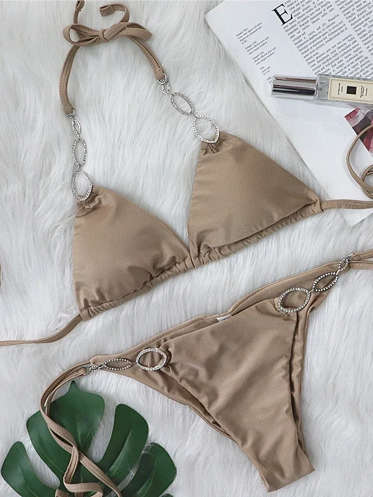 Sexy Rhinestone Bikini 2025 Women Solid Purple Metal Chain Swimsuit Brazilian Summer Beach Bathing Suit Luxury Thong Swimwear