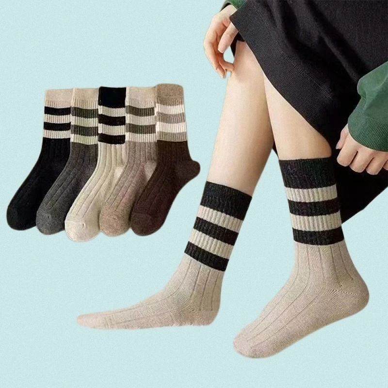 

10/15 Pairs New Fashion Women's Mid-tube Socks Autumn And Winter Trend Breathable Sweat-absorbent Retro Two-bar Long Socks