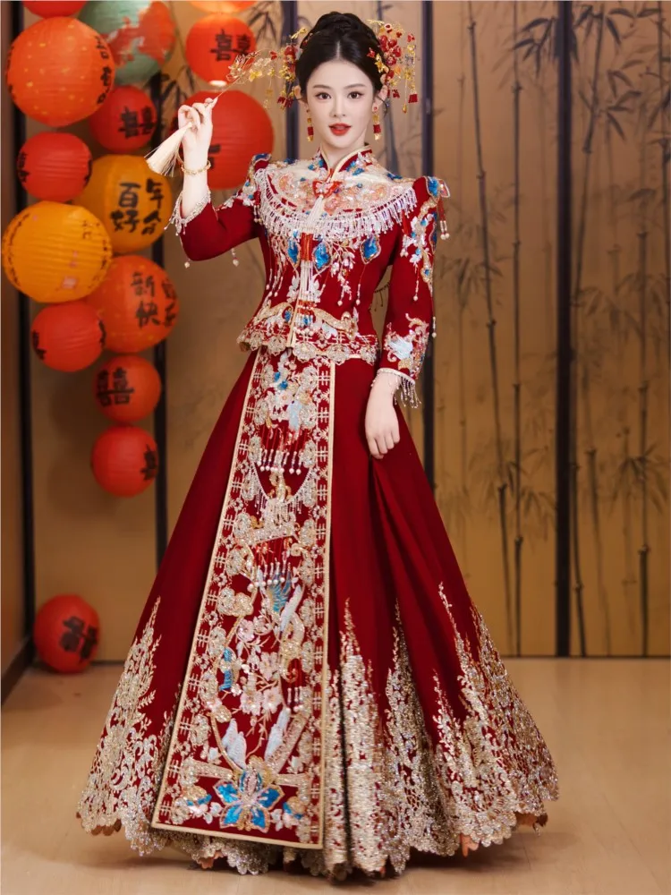 

New Chinese-style wedding dress for brides attire outdoor wear toasting velvet