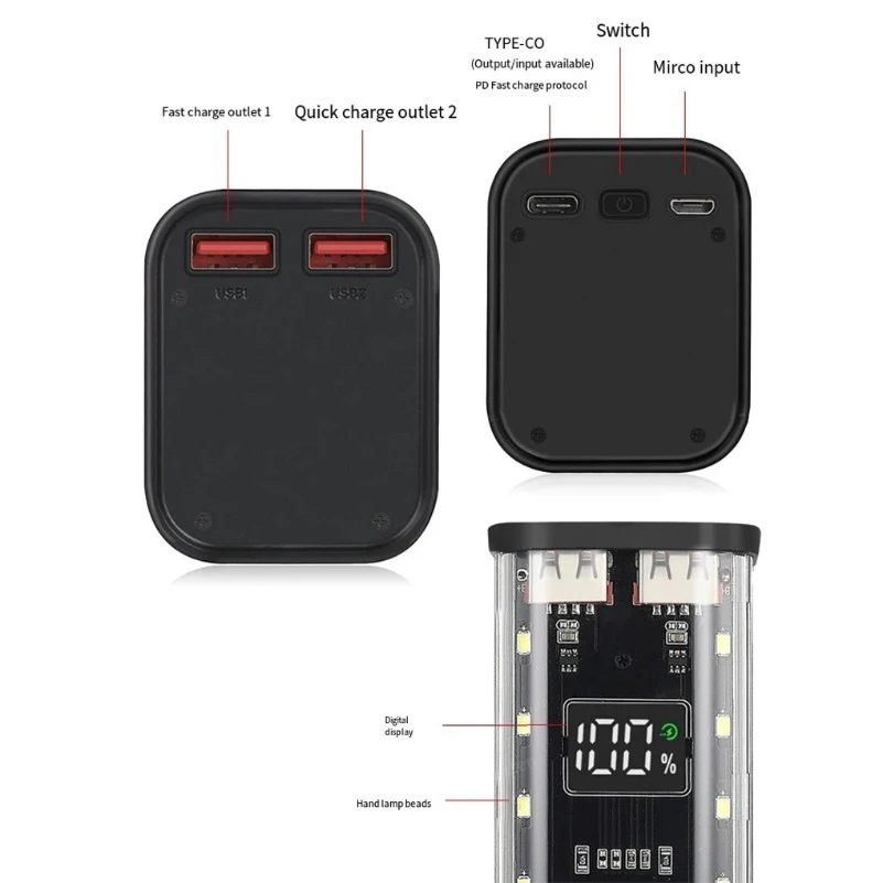 18650 Power Bank Case USB C Micro USB Port Power Bank Case For DIY Power Bank Shell Transparent Battery Case Fast Charging Case view 3