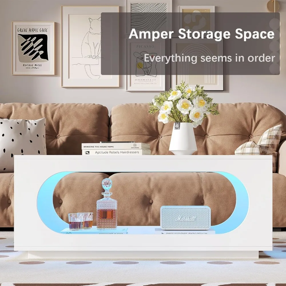 43" White Led Coffee Table for Living Room, Modern Living Room Table Rectangular Contemporary Center Table with Storage, Wooden