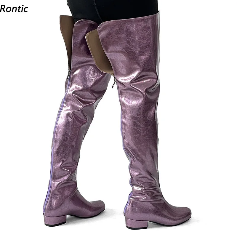 

Rontic женские зимние блестящие ботинки до бедра унисекс из лакированной кожи на плоской подошве с круглым носком, красивые фиолетовые туфли для вечеринок, размер США 5-20