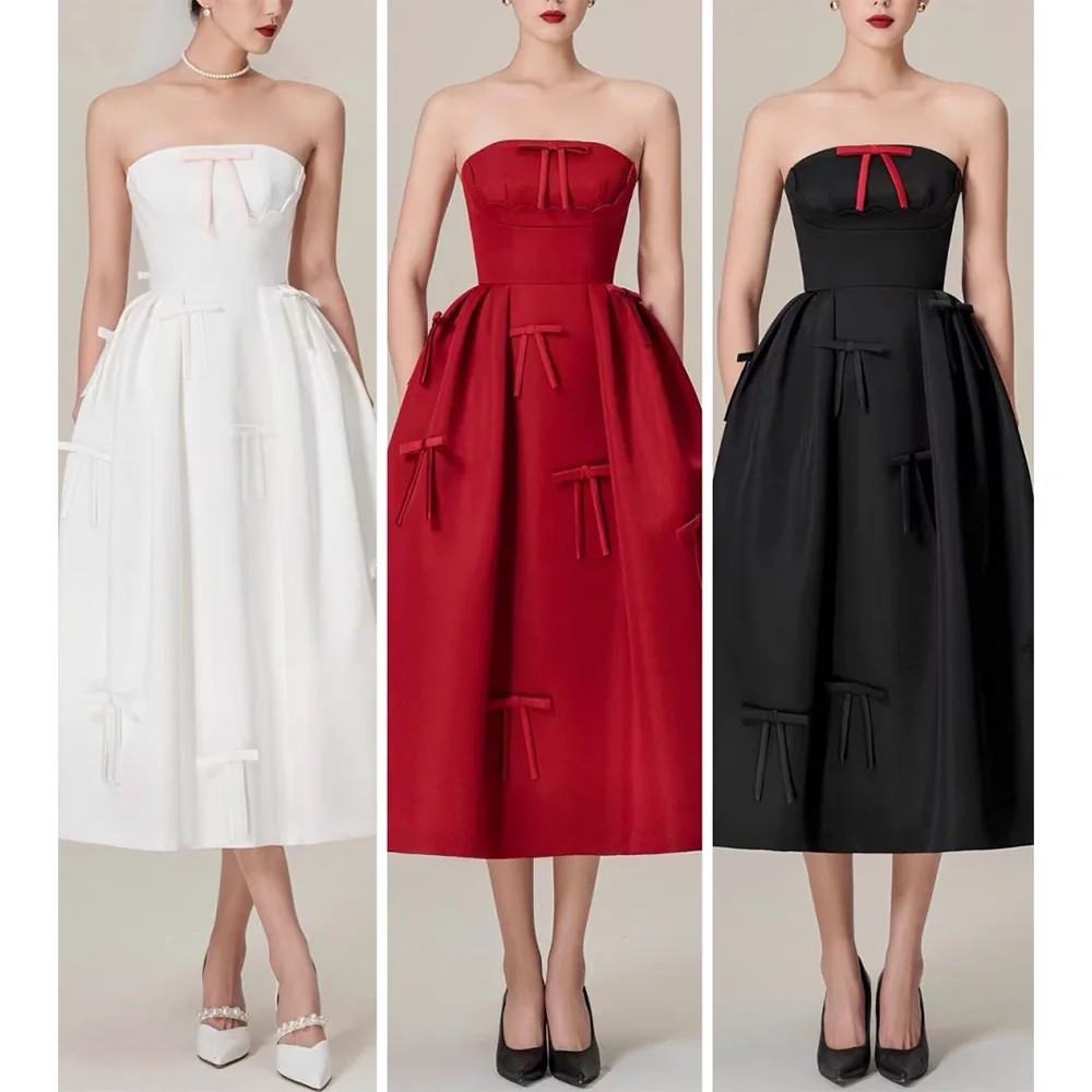 

Satin Formal Evening Gowns Bustier Backless Mid Calf Dresses for Banquet Party Prom Cocktail Party Prom Wedding Guests