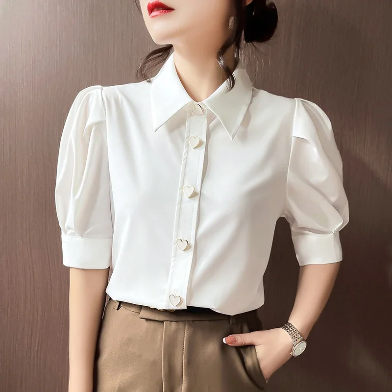 Summer New Short Sleeve Turn Down Collar Women Shirt Office Lady Shirt Blouse Women Tops Blusas Mujer De Moda 2024 Verano A520