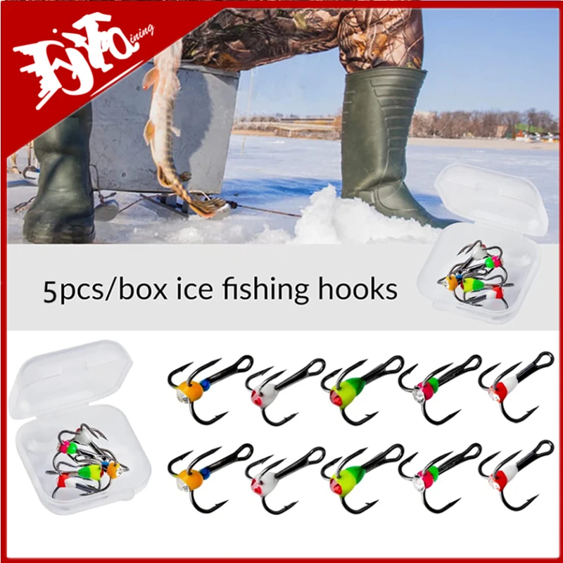 5PCS 8#10# 12# 14# Winter Three-jaw Hook Ice Fishing Hooks Carbon Steel Durable Sinking Bait Tackle Tools with Plastic Case Tool