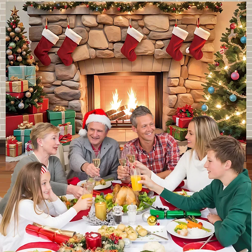 Xmas Tree Gifts Brick Fireplace Christmas Day Decoration Background Happy New Year Family Baby Photo Props Photo Booth Supplies - Image 5