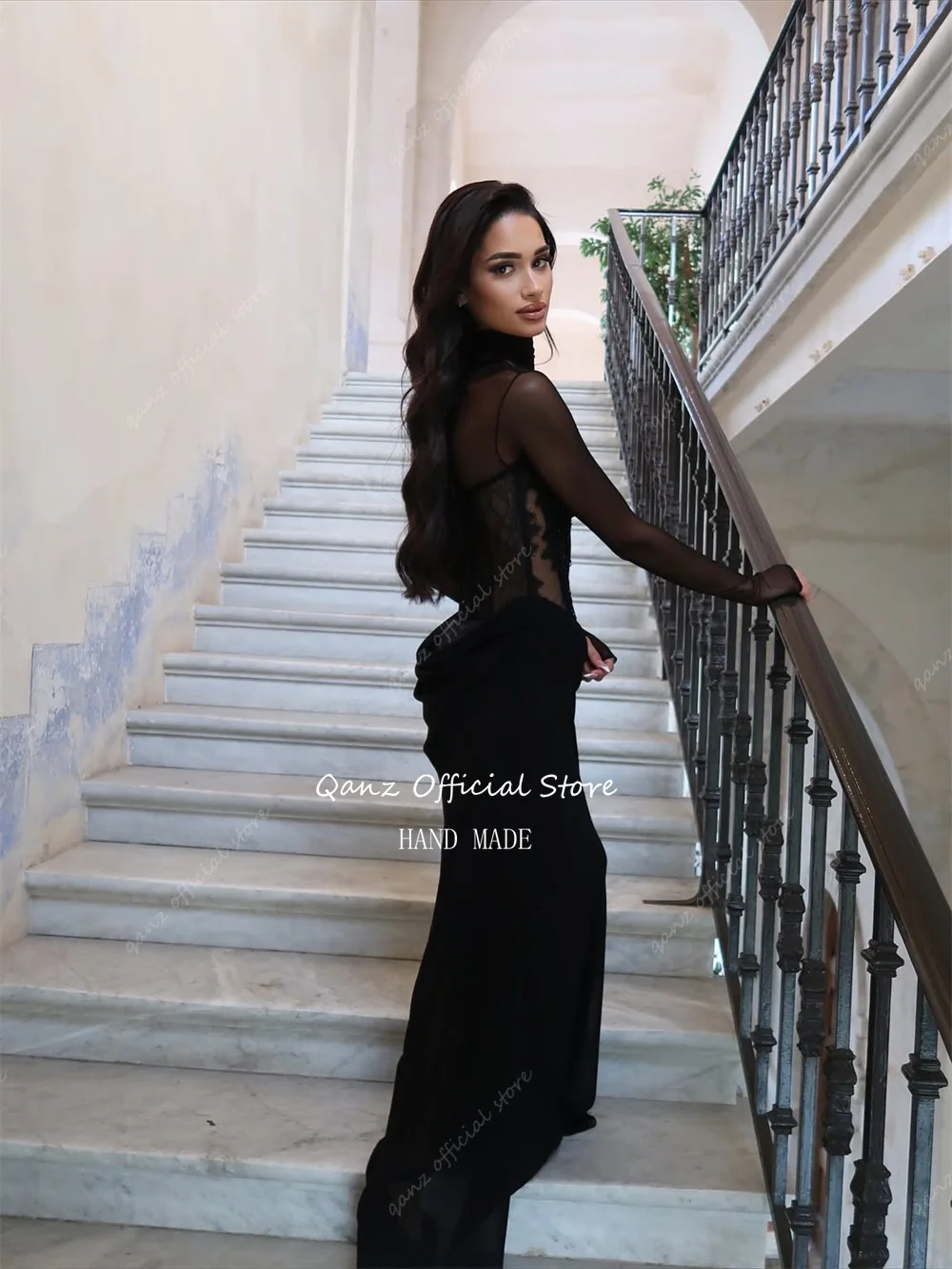 Qanz Luxury Black Prom Dresses Mermaid Lace Evening Eresses For Gala Dinner Corset Long Sleeves Vestidos De Fiesta Customized image 4