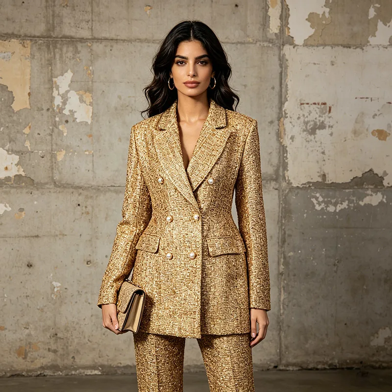 Luxury Glitter Gold Tweed 2 Piece Suit Women Double Breasted Pearl Button Notched Collar Slim Formal Outfit