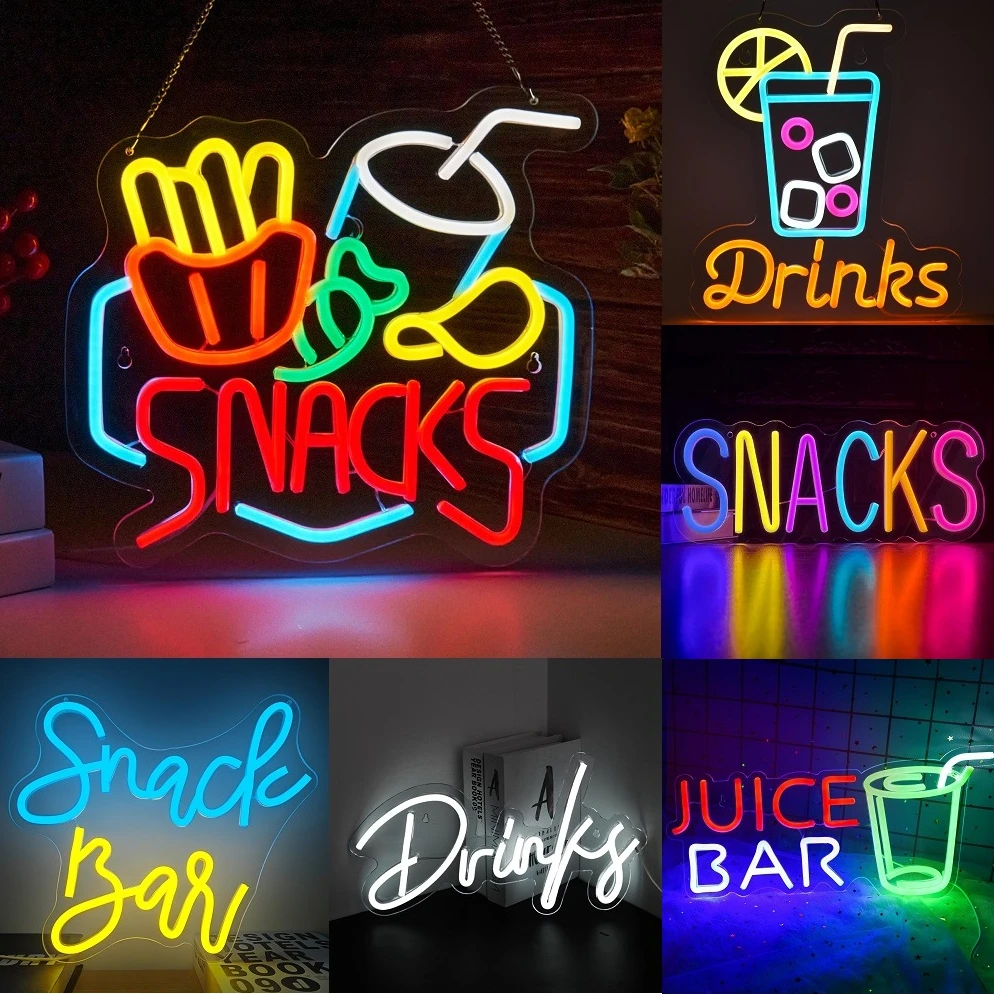 

Drinks&Snacks Neon Led Sign Colorful Letter Lights Room Decoration For Home Bars Cafe Bedroom Party Food Shop Logo Art Wall Lamp