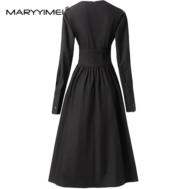 MARYYIMEI Autumn Winter Women\'s Commuter Dress Fashion V-Neck Long-Sleeved High waist Basic Black/White Dresses