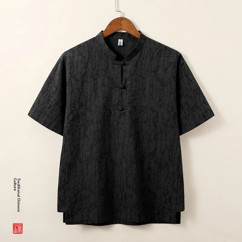 

New Summer Men's Linen Cotton T-Shirt Loose Short Sleeve Button up Chinese Style Tang Suit Large Size Monastic Clothing