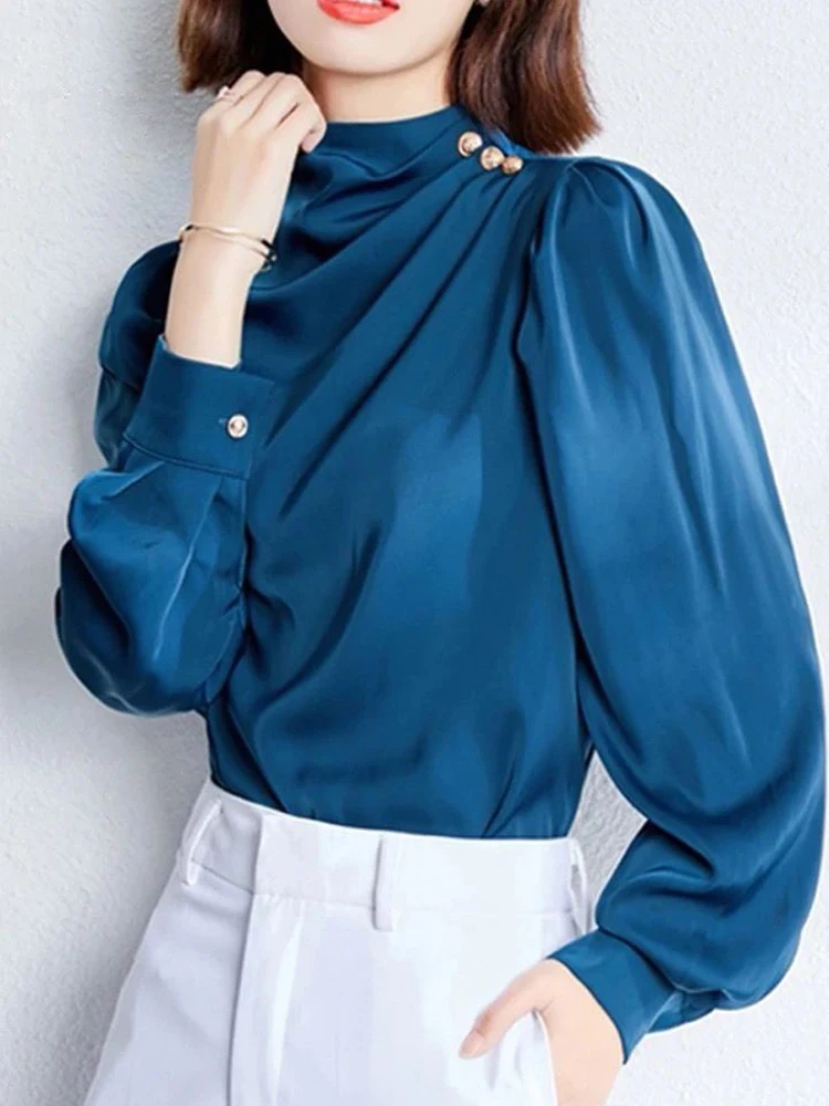 Elegant Women Blouses Satin Female Metal Button Shirts Blue White Office Lady Work Wear Tops Long Sleeve Femme Blusas Chiffon