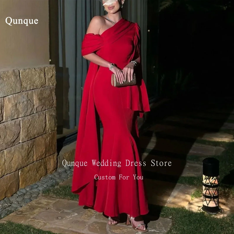 

Qunque Elegant Mermaid Evening Dresses With Long Cape Red Pleated Prom Gowns Wedding Guest Dress Customized Vestidos De Noche