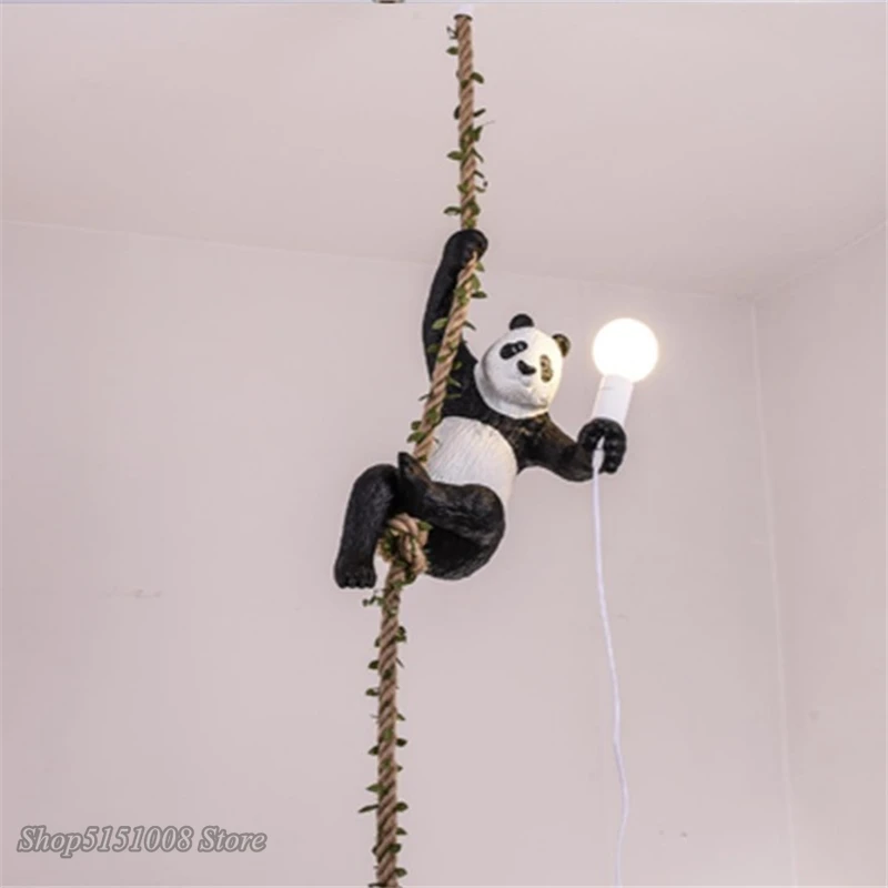 

Vintage Hemp Rope Resin Panda Pendant Lights Loft Industrial Kitchen Hanging Lamp Dining Room Luminaire Home Decor Light Fixture